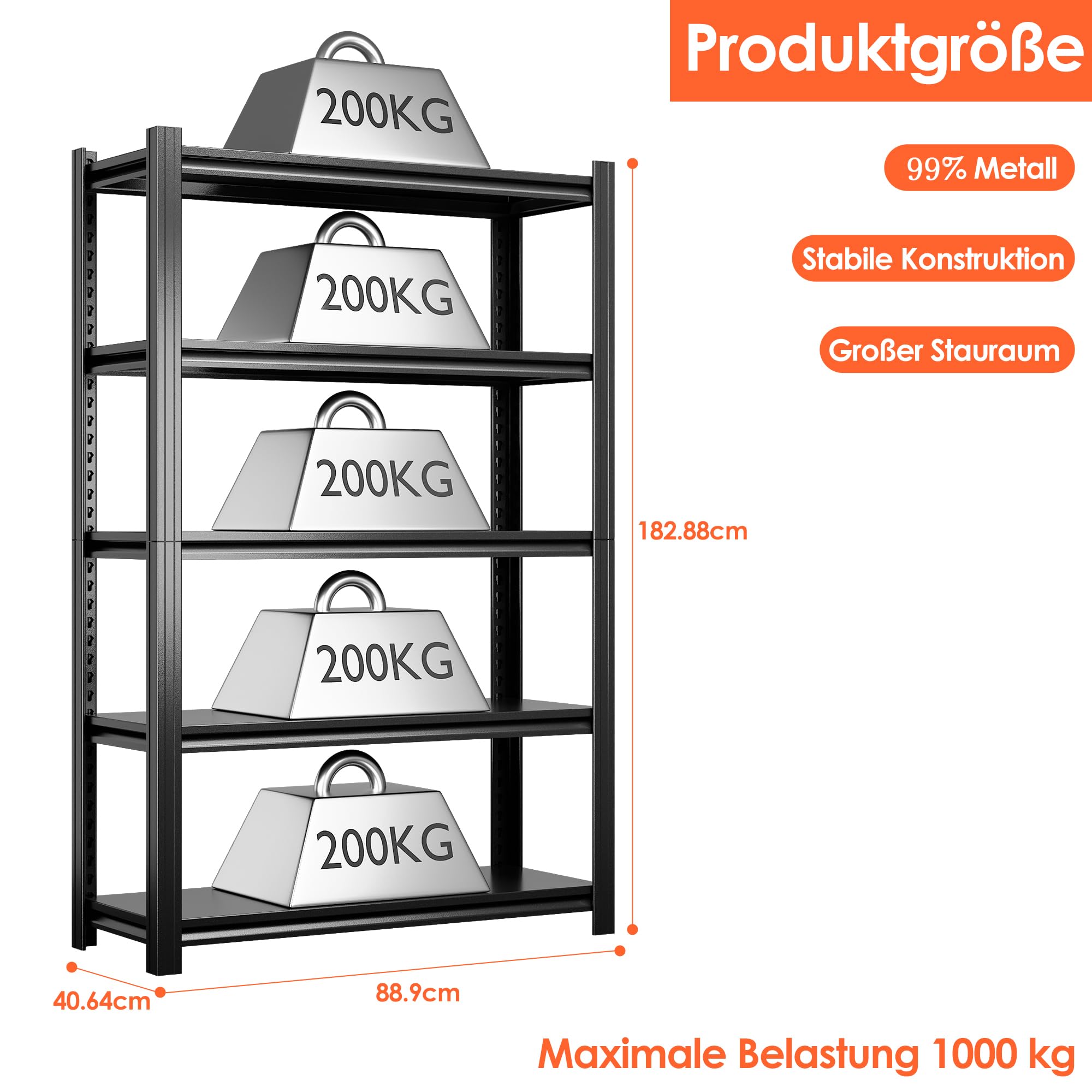 SUPEER Schwerlastregal Metall 183x90x40 cm mit 5 Verstellbaren Metallböden | Lagerregal für Keller & Werkstatt | Tragkraft bis 1000 kg | Schwarz ﻿ 4
