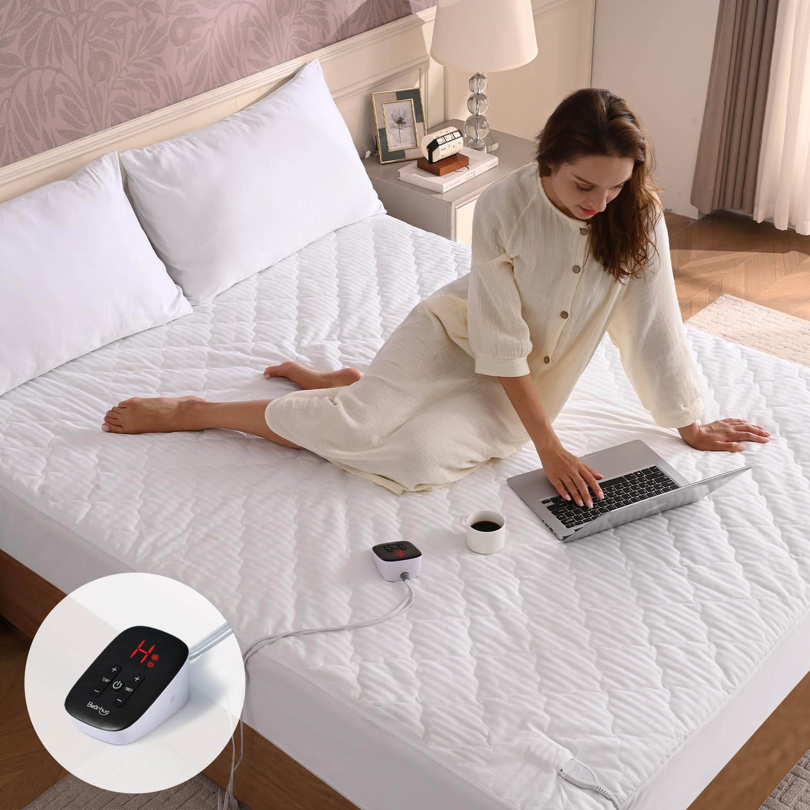 Photo 1 of Bearhug Electric Heated Mattress Pads Full Size 54”×75” Waterproof Bed Warmer 21” Deep Pocket 10 Heat Levels 10 Heat Settings 12-Hour Timer Machine Washable White