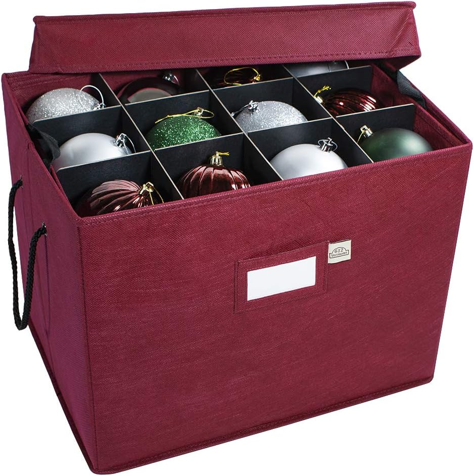 Holiday Décor Storage - 612 Vermont Christmas Ornament Storage Box with Adjustable Acid-Free Dividers, 3 Removable Trays with Handles, 17 Inch x 13 Inch x 13 Inch, Holds 36-4 Inch Ornaments
