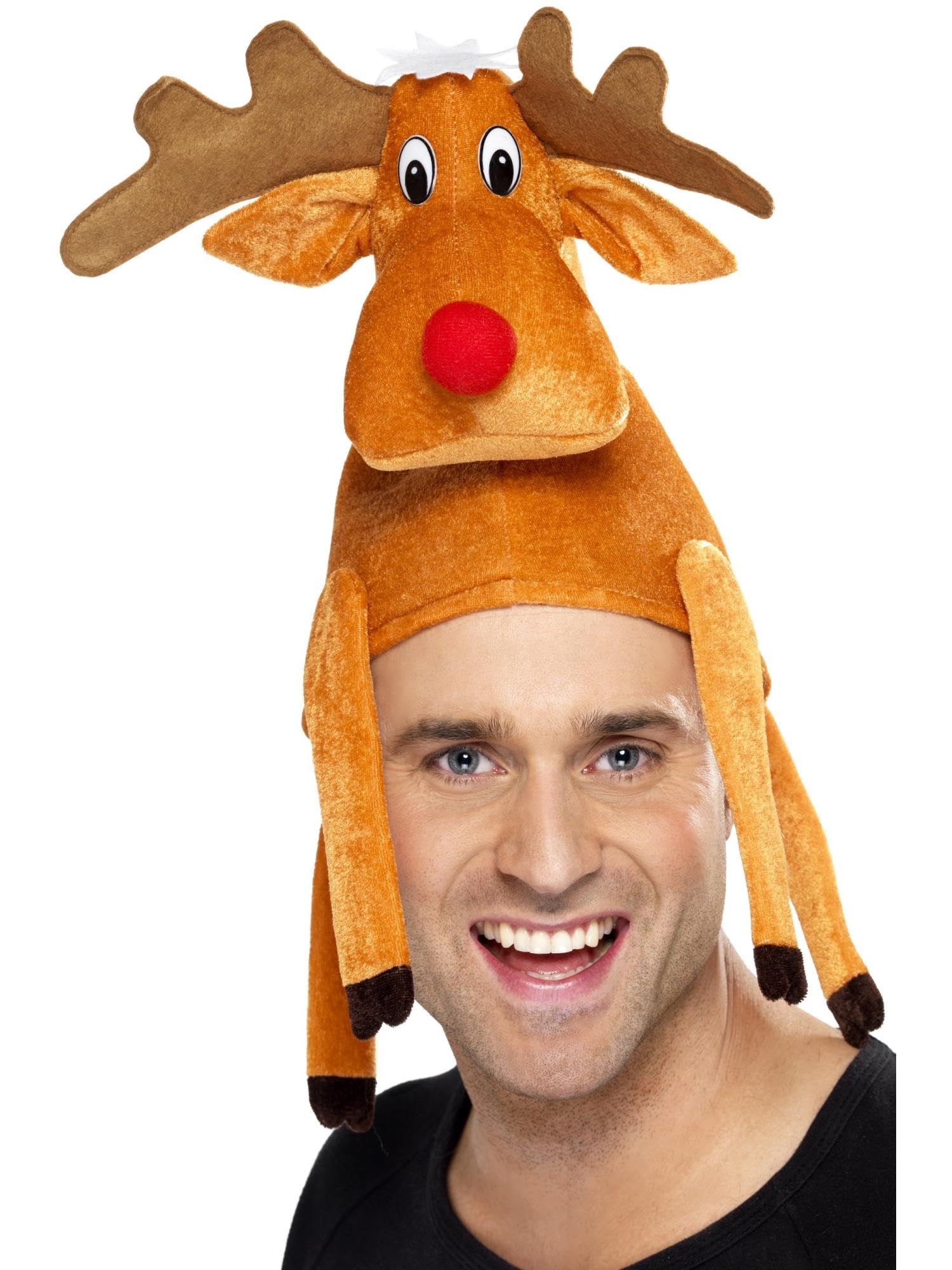 Smiffys Reindeer Hat, Brown – Funny Christmas Fancy Dress Hat with Red Nose & Antlers, Festive Novelty Headwear for Adults, Festive Office Parties, Xmas Events & Holiday Fun