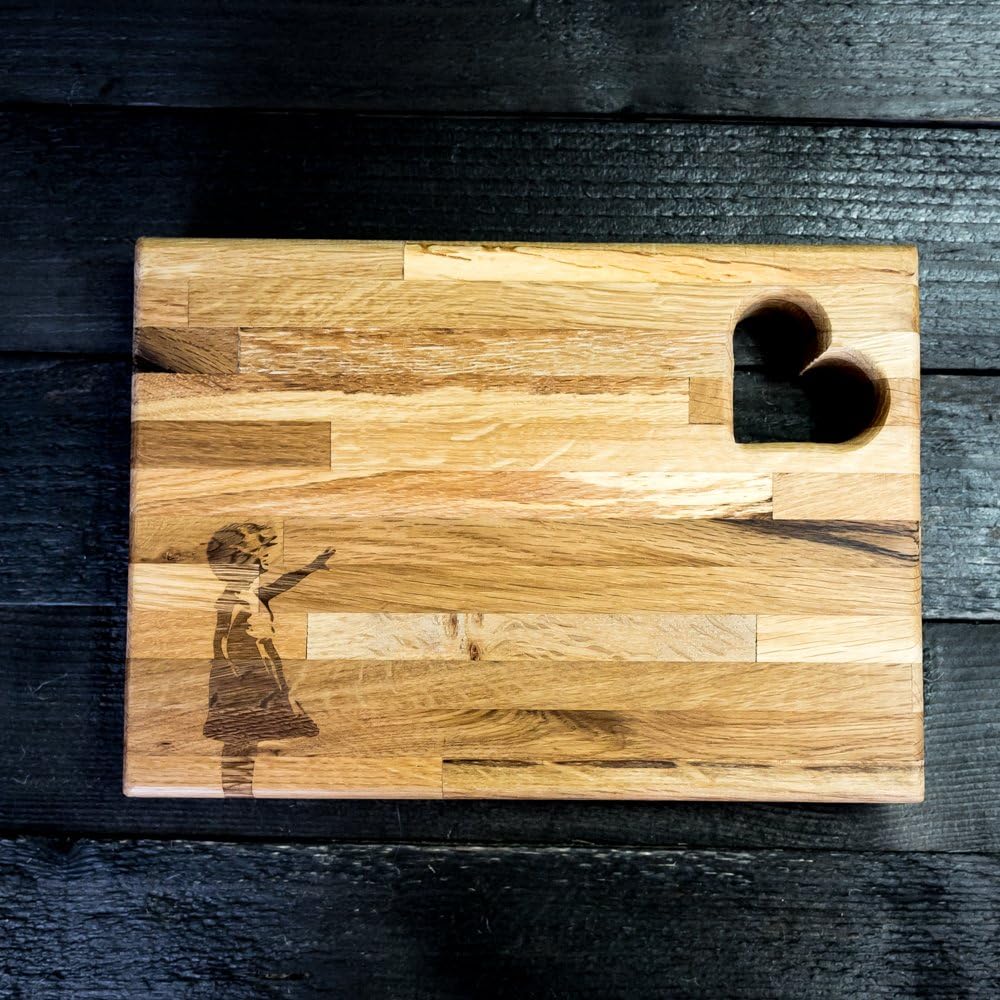 Banksy Engraved Oak Chopping Board with heart cut out