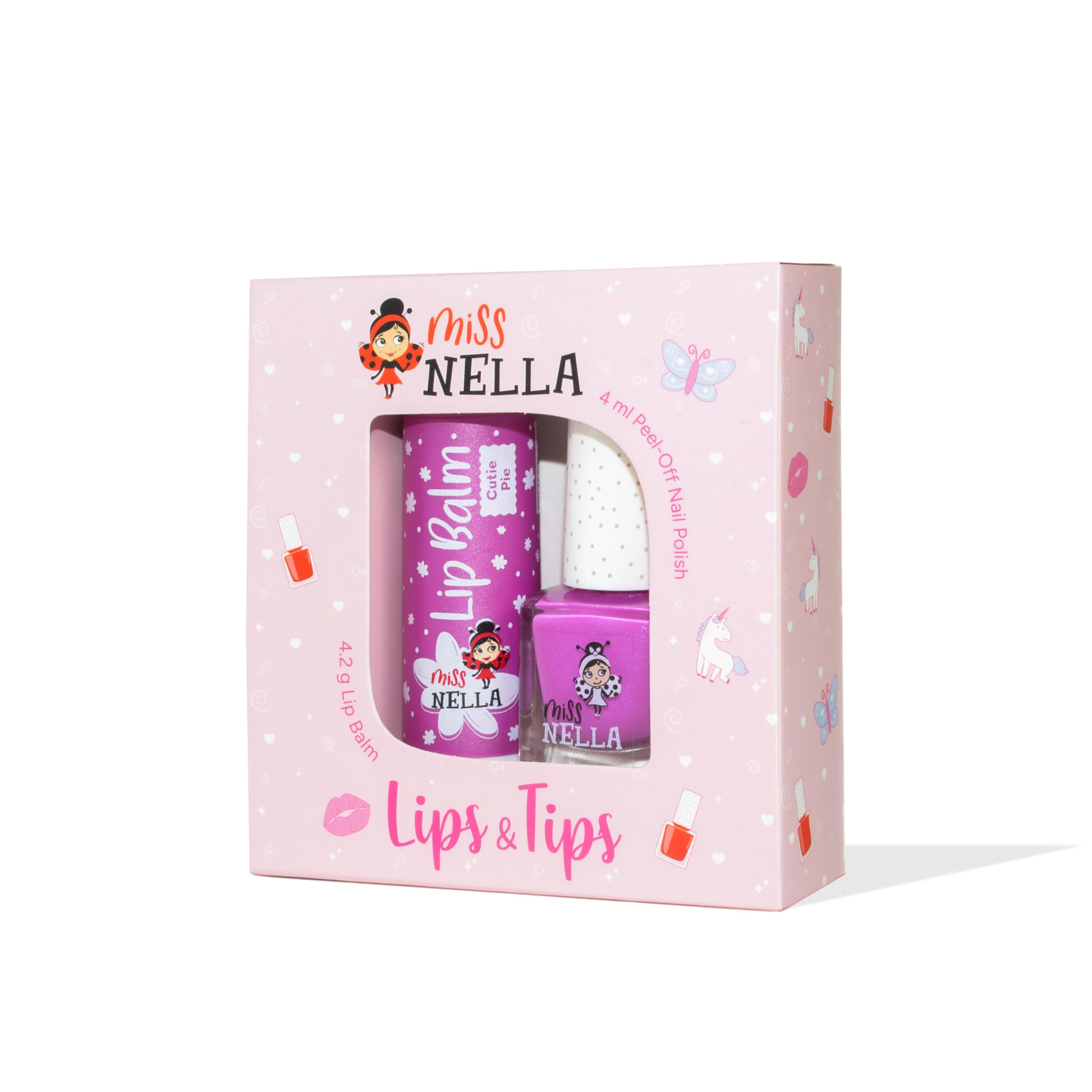 Miss Nella Nail Polish + Lip Balm set- Special Nail Polish for Kids with Peel-off, Water Based & Odour Free Formula + hypoallergenic lip balm (CUTIE PIE)