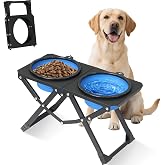 Flodomix Foldable Elevated Dog Bowl Holder with 2 Large 50.7oz Folding Water Bowl, 10.2" Tall Raised Dog Bowl Stand for Medium/Large Breeds, Indoor and Outdoor Use