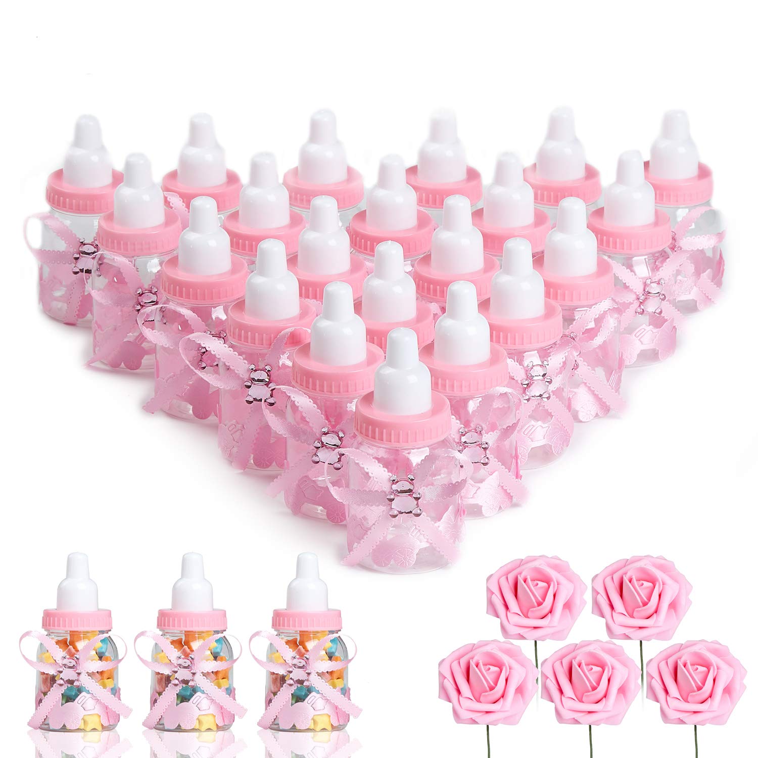 N&T NIETING Baby Shower Candy Bottle, 24Pcs Baby Shower Favours Fillable Baby Bottles with 5Pcs Roses, Mini Feeding Box for Infant Baptism Party Supplies Boy Girl Christening Birthday Decor(Pink)