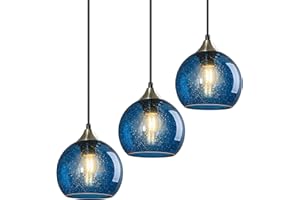 LBSQJ Blue Glass Pendant Lights Kitchen Island Lighting Globe Pendant Light Fixtures Modern Pendant Lighting for Kitchen Island Bedroom Living Dining Room Light Fixture(5.9in, 3-Pack)
