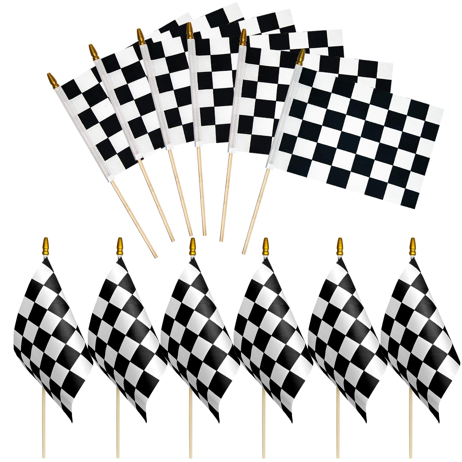 Photo 1 of 12 Pack 8×12 Inch Black and White Checkered Racing Flags Small Race Car Flags on Stick, Mini Handheld Stick Flag with Kid-Safe Spear Top,Outdoor Garden Flag,Party Decorations