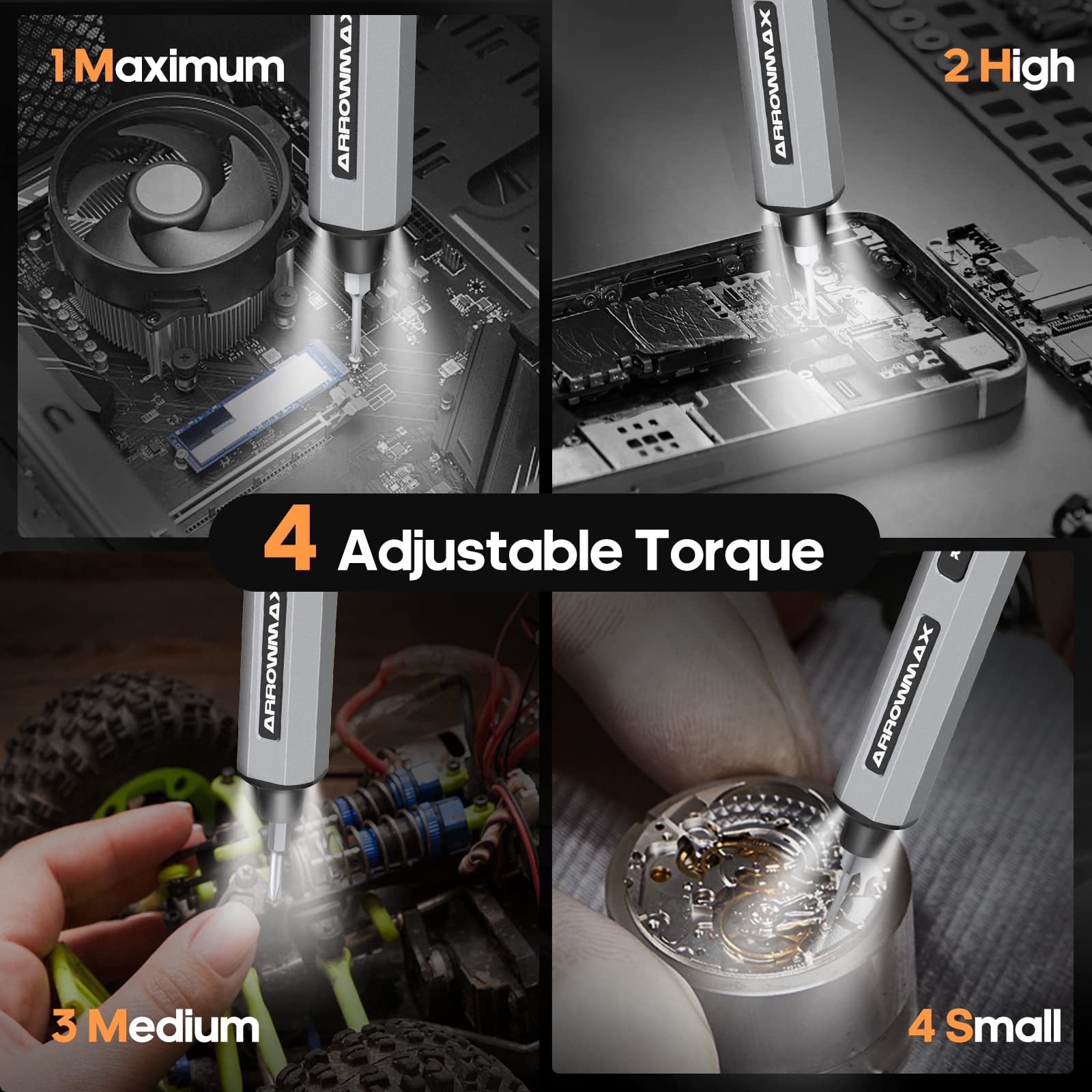 ARROWMAX Electric Screwdriver, 102-in-1 Precision Set with 96 Magnetic Bits, 4 Torque Modes, Red Dot, Winning Design, Rechargeable Cordless Screwdriver for Phone, Laptop - Grey