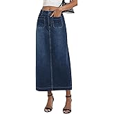 POTILI Long Denim Skirt for Women Stretch Maxi Skirt with Back Slit High Waisted Pencil Jean Skirt with Pockets Casual