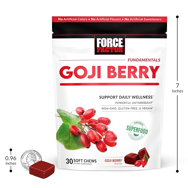 FORCE FACTOR GOJI BERRY SOFT CHEWS SUPERFOOD ANTIOXIDANTS SUPPLEMENT TO SUPPORT HEALTHY EYES AND SKIN, IMMUNE HEALTH, AND INFLAMMATION, NON-GMO, GLUTEN-FREE, & VEGAN, GOJI BERRY FLAVOR, 30 SOFT CHEWS