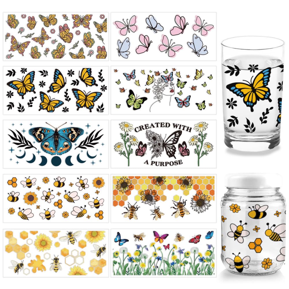 arricraft 10 Pcs 10 Styles UV DTF Cup Wrap Transfer Sticker, Insects Transfer Paper Butterfly Rub on Stickers Bee PVC Cup Wrap Sticker Waterproof Rub Decals for Craft Glass
