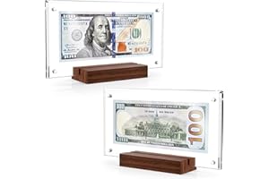 PONNOR Dollar Bill Frame,Acrylic Currency Display Holder with Black Walnut Base Clear Paper Money Frame for Collectors Ticket Protector Photos Display Case,7.8 * 4.1inch（2PCS）
