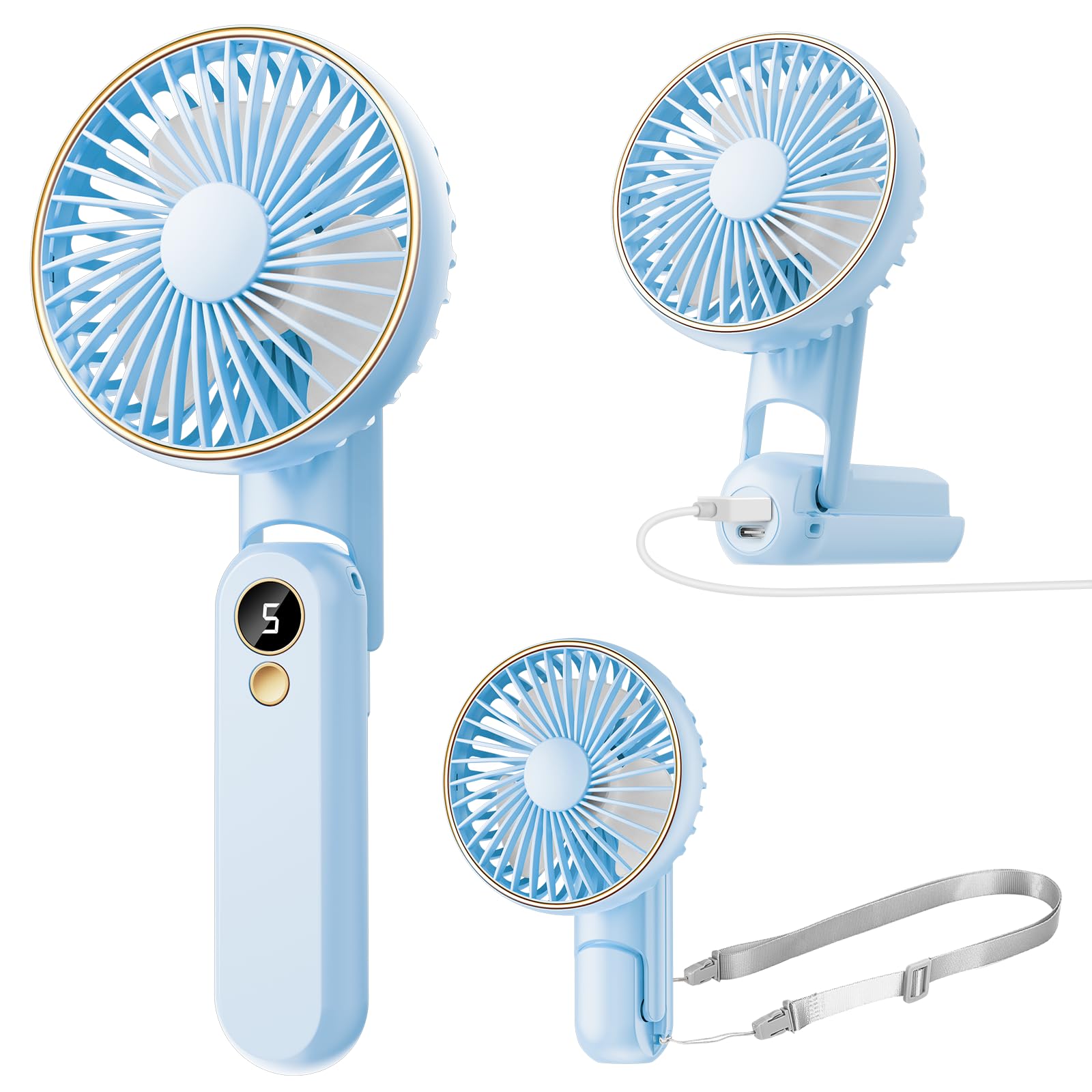 Dhenrio Portable Handheld Fan, [Up to 15 Working Hours],180° Foldable Personal Fan, USB Rechargeable Mini Hand Fans for Travel/Summer/Outdoor/Office, 5 Speeds Adjustable, LED Display,Blue