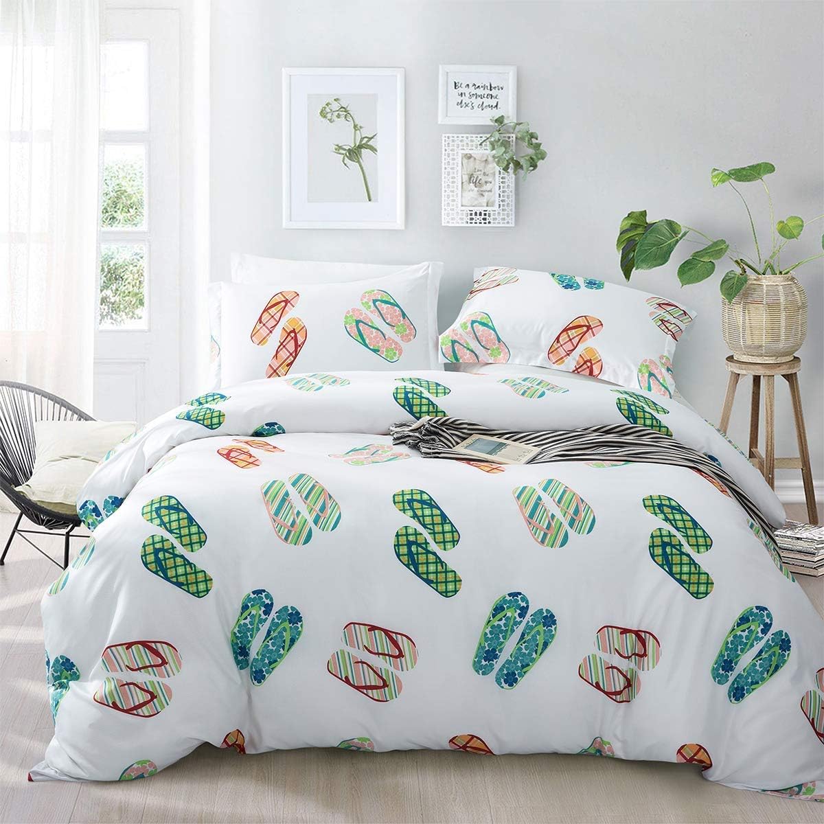 ARTALL Soft Duvet Cover Set, Down Comforter Quilt Cover with Zipper Closure, Ties, Slippers/Summer Sandal Shoes Pattern, Colorful, Twin Size(68"x90")
