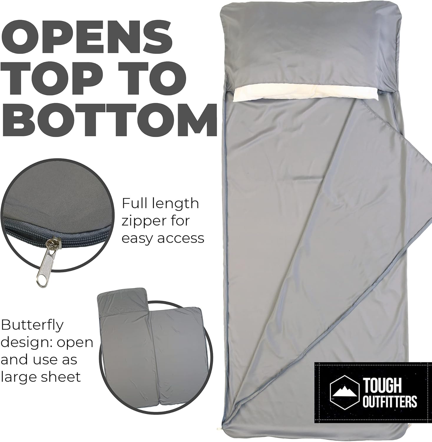 Sleeping Bag Liner - Camping & Travel Sheets for Adult - Sleeping Sack & Sheets for Backpacking, Hotel, Hostels & Traveling - Lightweight Single Sleep Sack - Comfortable Sleep Liners - Gray w/Zipper : Sports & Outdoors