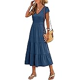 Prinbara Womens Summer Maxi Dresses Casual 2026 Cap Sleeve V Neck Empire Waist Flowy Tiered Smocked Boho Vacation Dress