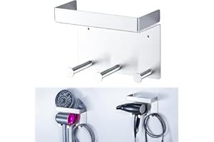 XILIMEN Hair Dryer Holder Wall Mounted, Stainless Steel Blow Dryer Holder for Attachments Storage, Hair Tool Organizer with Plug&Cord Hook, Adhesive Hairdryer Hanger for Bathroom, Silver