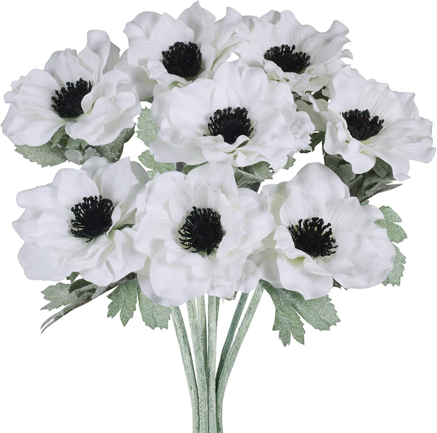 Amazon ホワイトポピーアネモネの茎 シルクフラワー 人工花 ホワイトクリーム ブラックセンター付き ウェディングブーケ コサージュ フラワーアレンジメント センターピース 花瓶バスケット デコレーション 8個 造花 オンライン通販
