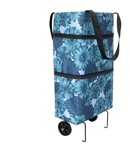 Swpato Reusable Grocery Bag With Wheels - Foldable Waterproof Tote (Light Blue Flower) - View #9