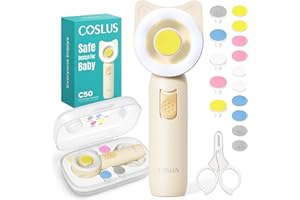 COSLUS Baby Nail File, Baby Nail Trimmer Electric - Gentle, Quiet with 360° Light, Safe for Sleep Time Grinding, 16-in-1 Baby Nail Clipper Kit for Newborn, Infant & Toddler (C50, Lemon Yellow)
