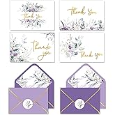 JarThenaAMCS 48 Pack Floral Thank You Cards Greeting Card Purple Flower Gold Foil Blank Note Cards with Envelopes Stickers Glue Stick for Wedding Bridal Baby Shower Birthday