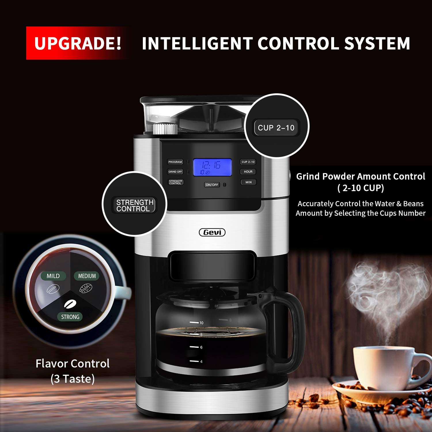 Gevi Coffee Maker 10 Cups Drip Grind and Brew Coffee Machine Builtin