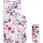 Wake In Cloud - Toddler Nap Mat with Pillow and Blanket, for Kids Girls in Kindergarten Daycare Preschool Pre K, Roll Up Sleeping Bag, Floral Botanical Flowers, Mauve Pink, Standard