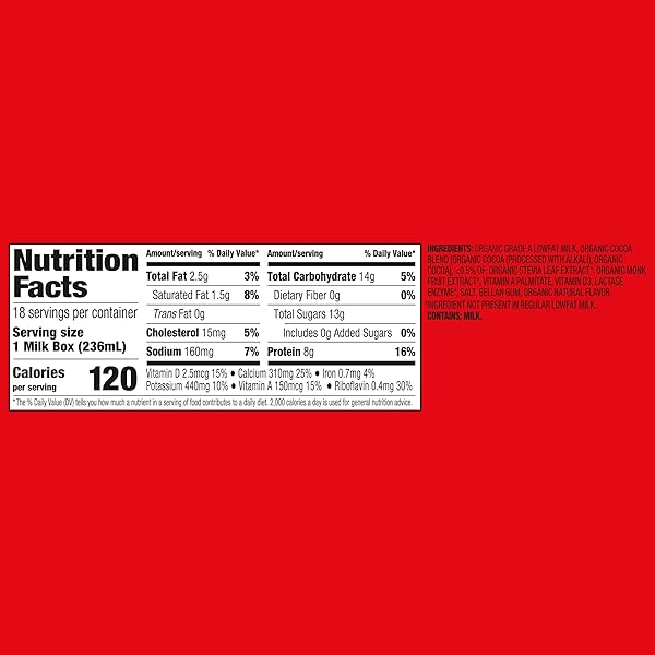 NEW HORIZON ORGANIC SHELF STABLE NO ADDED SUGAR LACTOSE FREE 1% LOWFAT CHOCOLATE MILK BOXES, PACK OF 18-8G PROTEIN PER SERVING