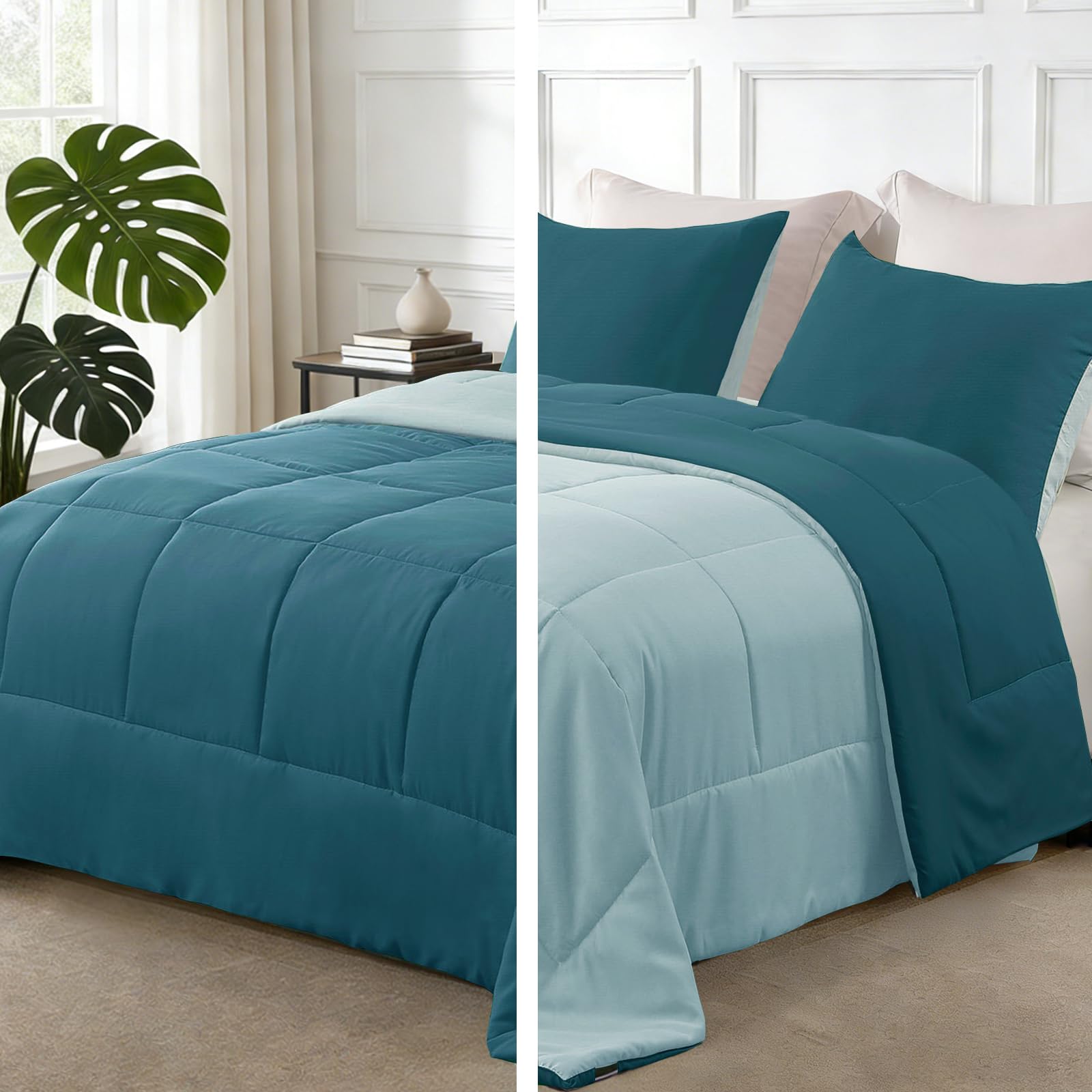 Exclusivo Mezcla Lightweight Reversible Full Size Comforter Set, Down Alternative Comforter with 2 Pillow Sham, Full Size Bedding Set for All Seasons, Dusty Teal/Aqua Blue