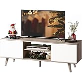 WLIVE Mid-Century Modern TV Stand for 55/60 Inch TV, Entertainment Center with Storage & Adjustable Shelves, Media Console with Soft-Close Cabinets for Living Room/Bedroom, Greige White