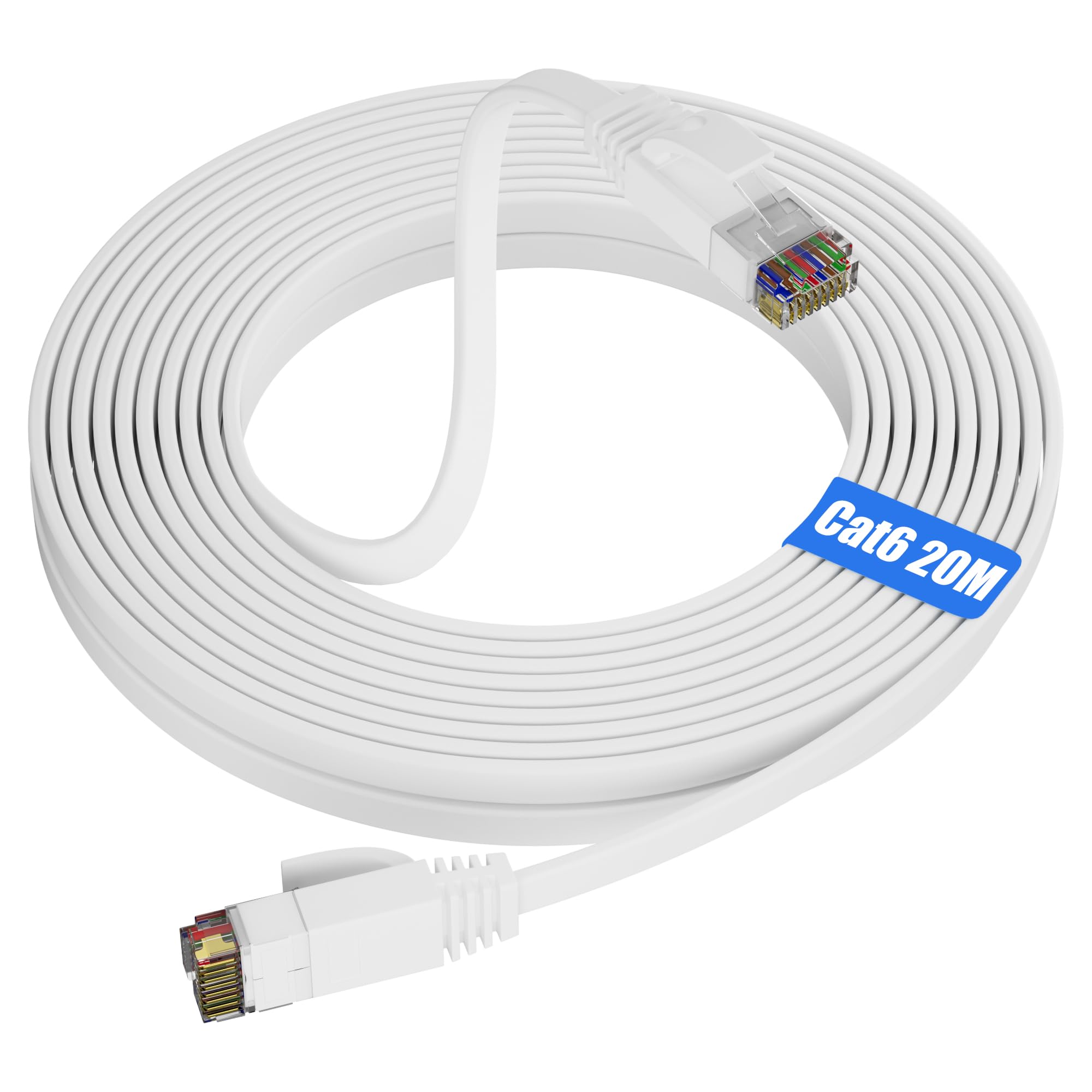Soibke Ethernet Cable 20m Cat 6, White Flat LAN Cable Extra Long 20 Meter, High Speed Internet Cable Gigabit 1000Mbps Wifi Cables, RJ45 Patch Cables Slim Network Cable for Router (20 Clips)