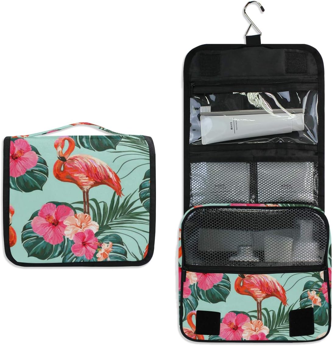 DOSHINE Tropical Hawaiian Flamingo Palm Leaves Hanging Toiletry Bag