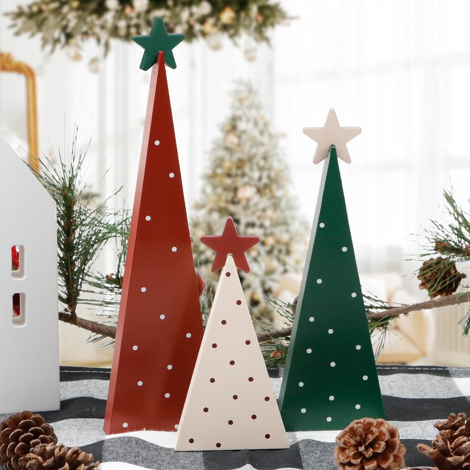 Tree Toppers - Christmas Decorations-Three Sizes Wooden Christmas Tree Sign with Star-Christmas Decorations for Home Shelf Mantel Fireplace Table Party Decor