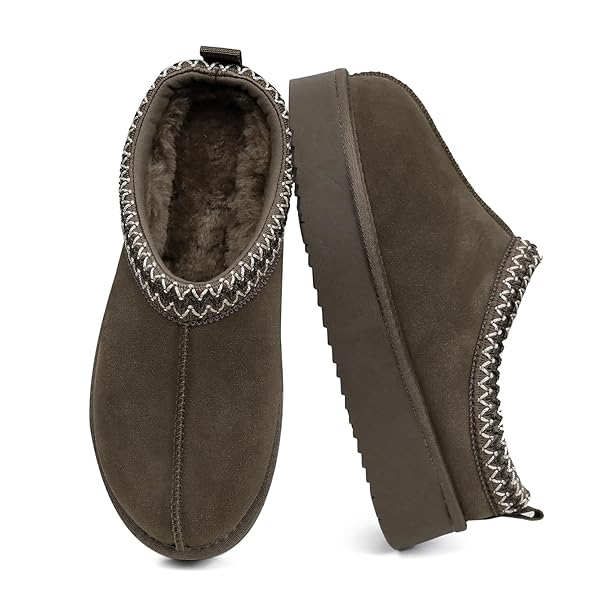 EVELLYHOOTD SLIPPER FOR WOMEN MEN SUEDE BRAIDED PLATFORM MINI BOOTS WITH FLUFFY FUR LINING SHORT ANKLE BOOTS FOR AUTUMN WINTER WARM CASUAL COMFORT SHOES,HICKORY