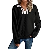 SHEWIN Womens Casual Textured Sweatshirt Colorblock Striped Collar Quarter Zip Long Sleeve Pullover Tops