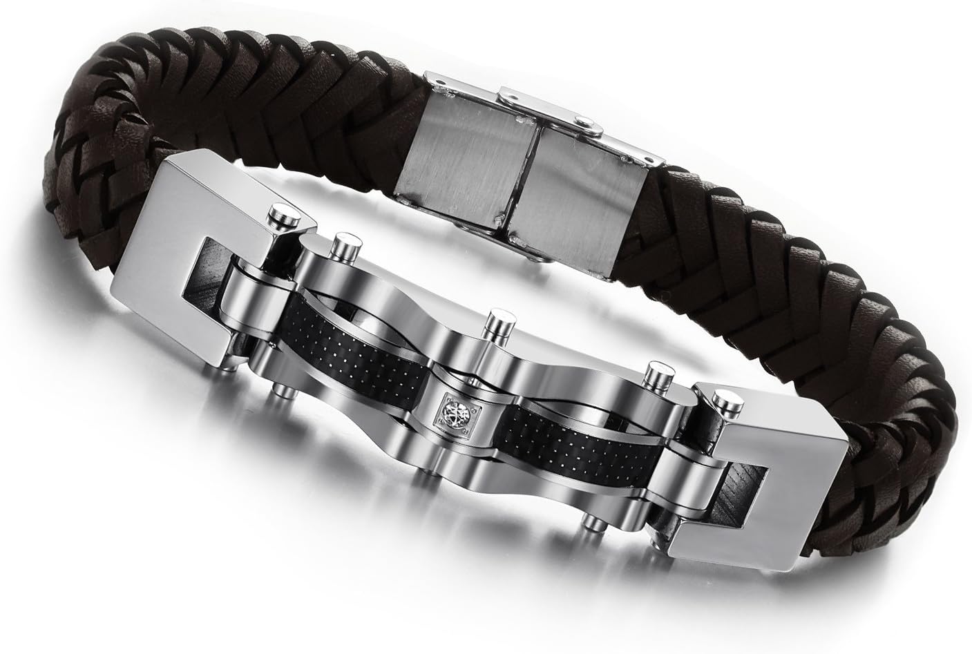 OPK Jewelry Genuine Leather Bracelet Brown Wristband with Carbon Fiber Men's Jewelry