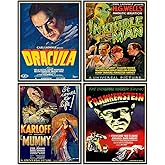 Vintage Horror Movie Poster Set 11x14 - Movie Art Print for Man Cave, Teens Room - Gothic Home Theater Wall Art Decor - Horror Movie Gifts, Horror Posters for Boys Rooms - Frankenstein, Dracula, Mummy