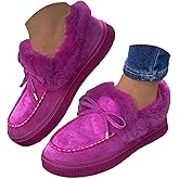 Winter Ankle Boots for Women Cozy Warm Snow Boots Slip On Fur Lined Comfortable Fashion Casual Loafers with Bowknot Ladies Fuzzy House Shoes Non-Slip Lightweight Comfy Winter Indoor Outdoor Slippers