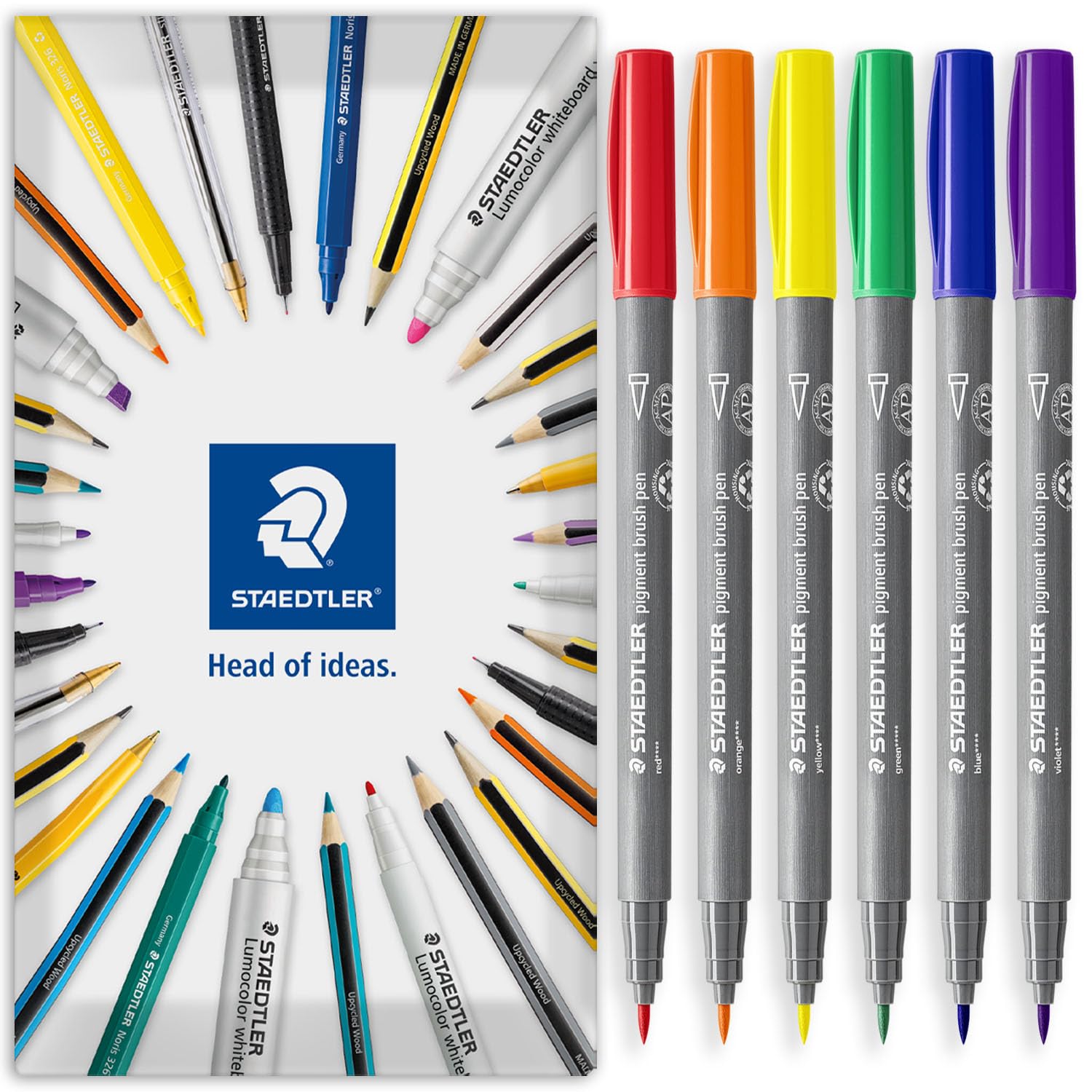 STAEDTLER 371 Pigment Brush Pens | Pigment Arts | Adult Colouring Fibre-Tip Colouring Pen | Medium-Firm Nylon Brush Tip Nib (Essential Wallet of 6)