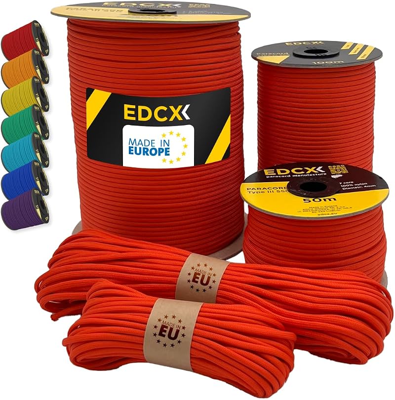 EdcX Paracord 4mm 35+ Colors 10m-300m Nylon 550 Type III