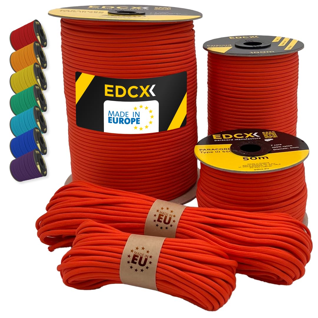 EdcX Paracord 4mm, 35+ Solid Colors (10m, 15m, 30m, 50m, 100m, 300m) | Ideal for Crafting, DIY, Camping, Survival, Outdoor | 100% Nylon Rope 4mm | Tactical Cord 550 Type III (Light Red, 15 m) — image 1