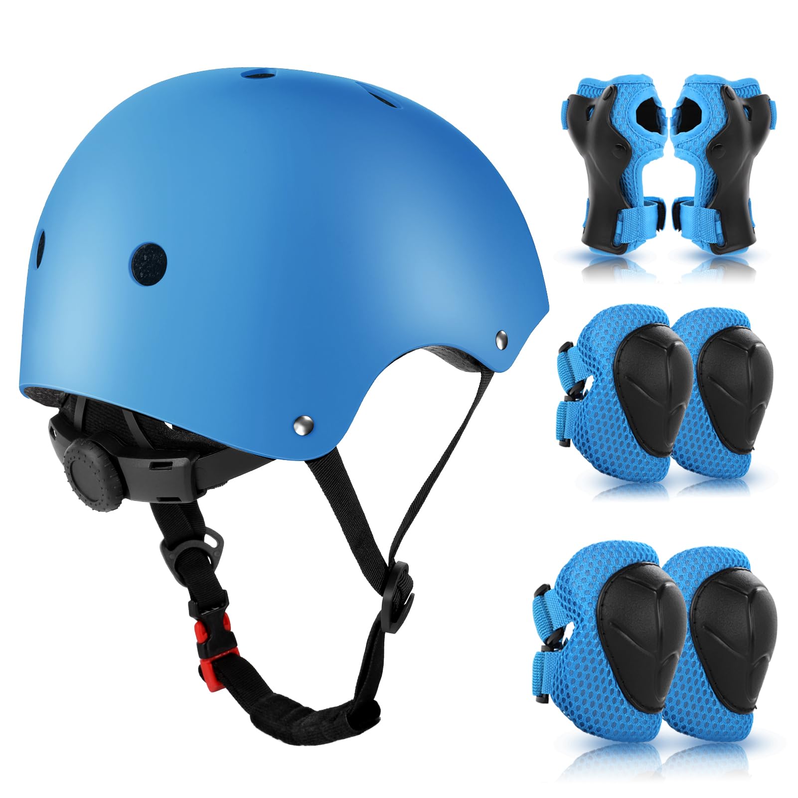 WayEee Kids Helmet and Pads Set Age 3-10 Years, Adjustable Kids Bike Helmets, Boys & Girls Kids Skateboard Helmet, Knee, Elbow &Wrist Pads Set, for Cycling, Roller Skating, Skateboard(Blue)