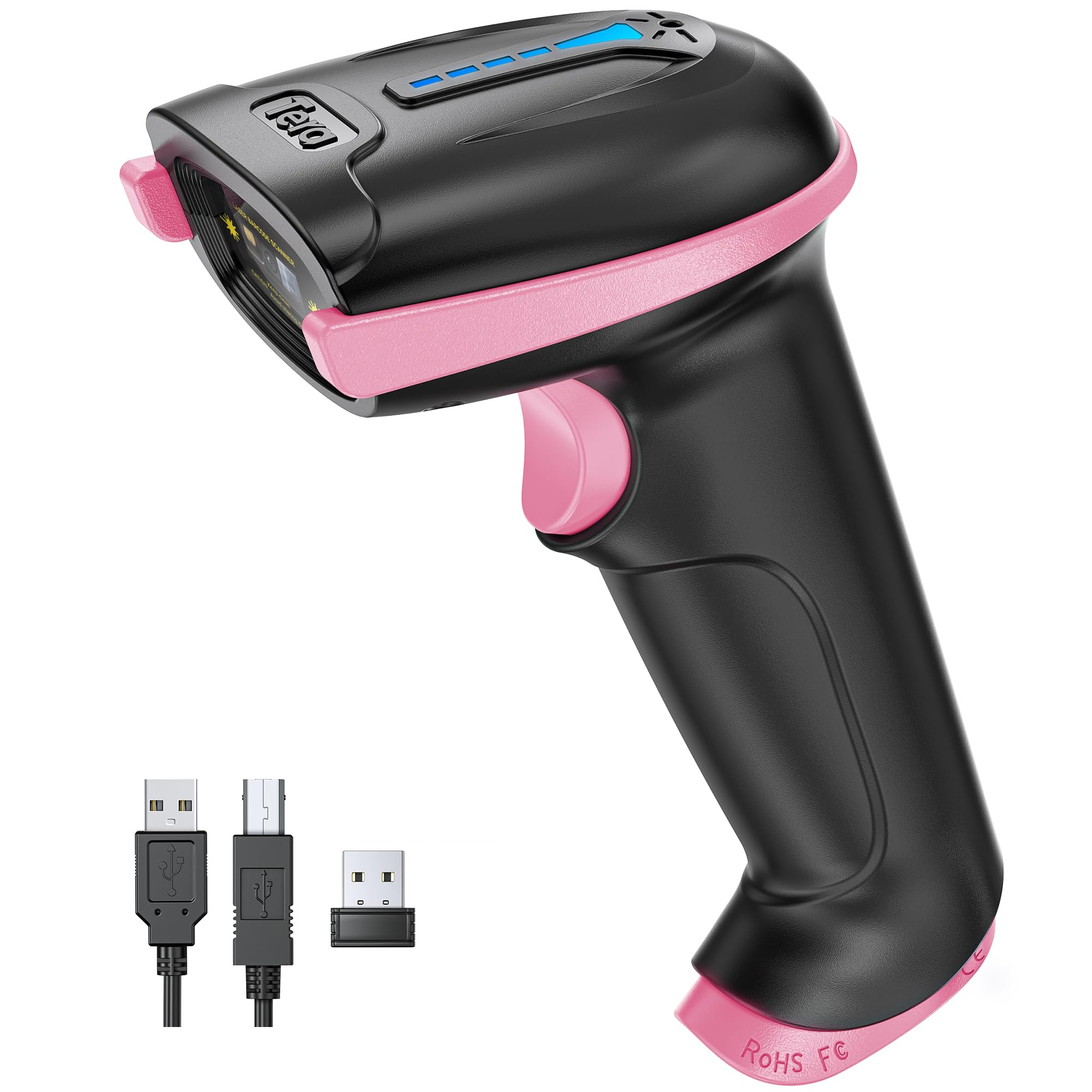 Photo 1 of Tera Barcode Scanner Wireless Versatile 2-in-1 (2.4Ghz Wireless+USB 2.0 Wired) with Battery Level Indicator, 328 Feet Transmission Distance Rechargeable 1D Laser Bar Code Reader Handheld 5100 Pink