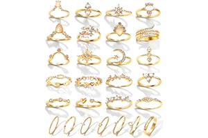17IF Gold Boho Sparkle Knuckle Rings Set For Women, Vintage Fashion Aesthetic Trendy Joint Snake Ring Pack, Retro Pink Rhinestone Assorted Moon Star Crystal Love Leaf Diamond Pearl Jewelry