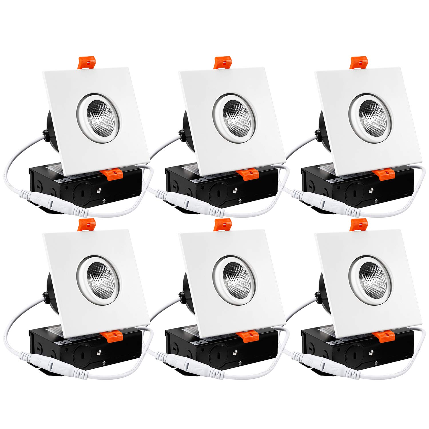 TORCHSTAR 6-Pack 3 Inch Gimbal LED Square Dimmable Recessed Light with J-Box, 7W (50W Eqv.) 500lm, Airtight, ETL/Energy Star/JA8/Title 24, CRI 90+, 3000K Warm White, 5 Years Warranty, White