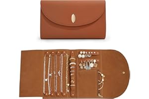 BEGIN MAGIC ROWNYEON Travel Jewelry Organizer Case Leather Jewelry Roll Journey Storage Bag for Earrings, Rings, Necklaces, Bracelets (Brown)