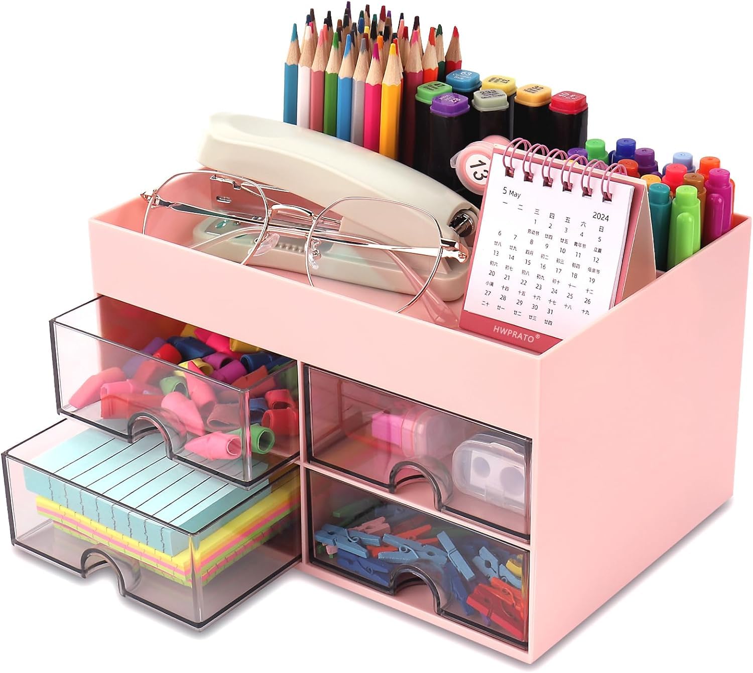 KAHEIGN Desk Organiser with 4 Drawers, 19CM x 14CM Multi-Functional Desk Tidy Organiser Large Capacity Pen Holder Makeup Organizer for Kids Teacher Gift Office School Home Table Decor (Pink)