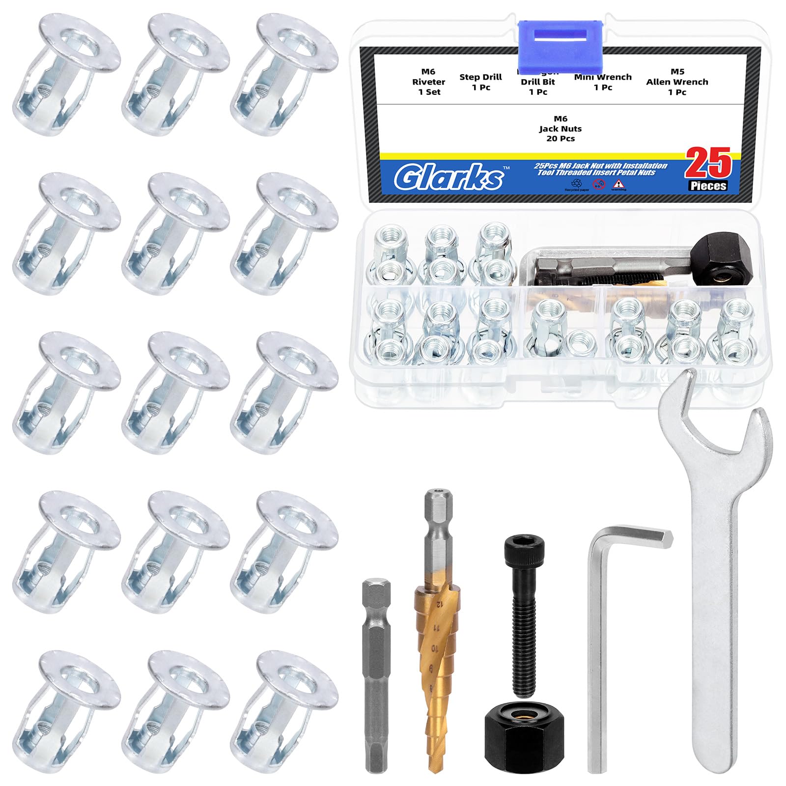 GLARKS 25pcs M6 Jack Nut and Installation Tool Kit - Carbon Steel Expansion Nut for Plastic, Polywood, Pressboard, Hardboard