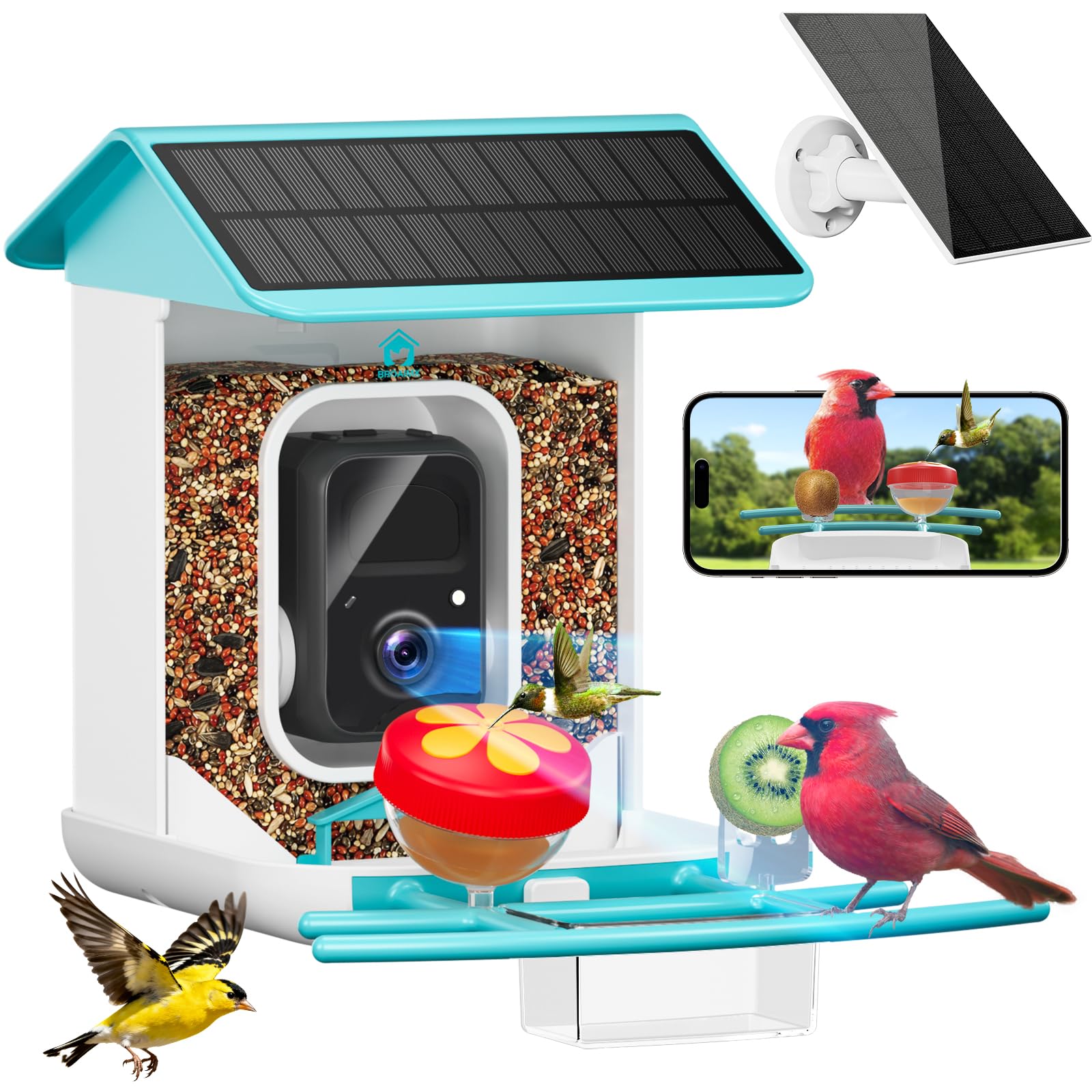 Photo 1 of BROAIMX Smart Bird Feeder with Camera-AI Identify 11,000+ Species, 2K HD Auto Capture Birds Video & 64G TF Card, Solar-Powered Wireless Outdoor Design, Birdhouse with Built-in Two-Way Microphone
