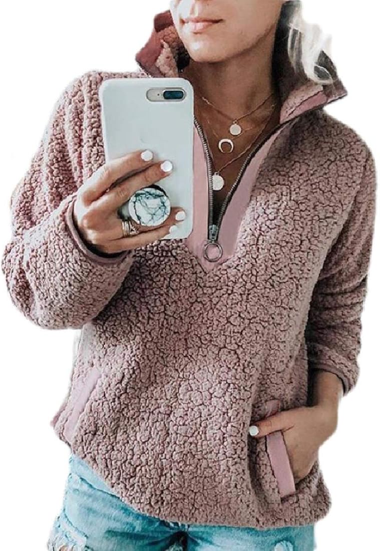 H&E Womens Long Sleeve Stand Collar Fleece Warm Sherpa Zip Up