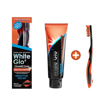 White Glo Sensitive Relief Teeth Whitening Activated Charcoal Deep Stain Remover, Potassium Nitrate Densensitizes Enamel for Rapid Relief, Added